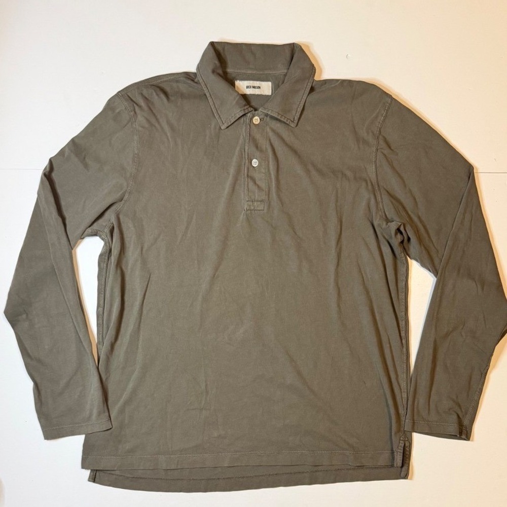 Buck Mason Polo Shirt Mens L Olive Green Long Sleeve Cotton